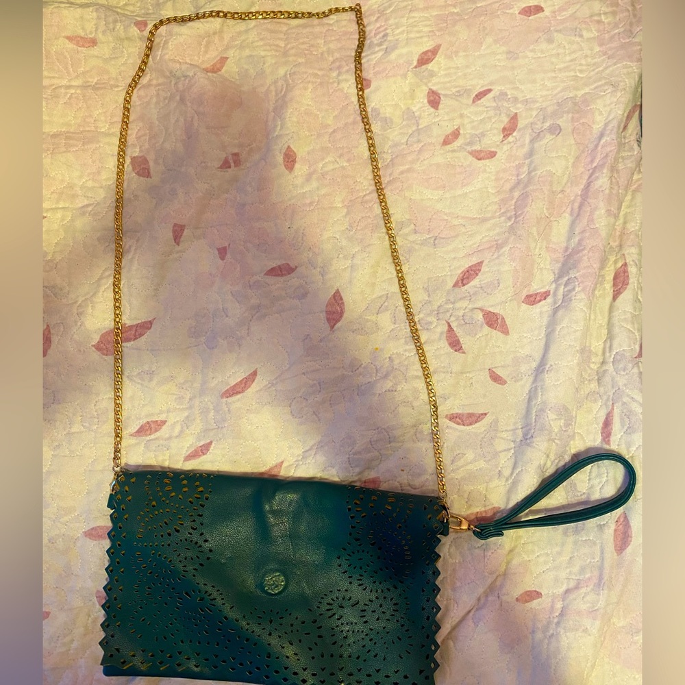 Forest Green Leather Crossbody with Gold Chain